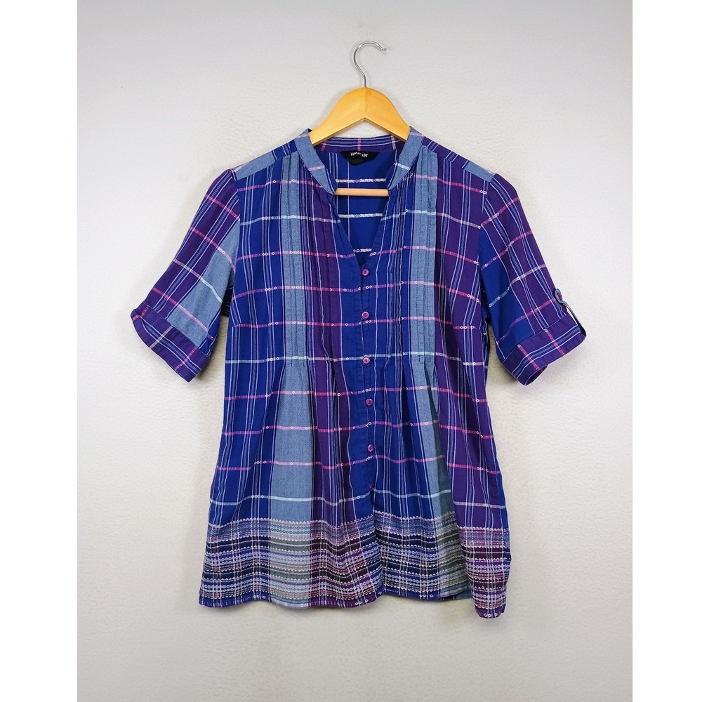 Boho Krazy Kat Womens Small Purple Blue Plaid Embroidered Hem Pleated Tunic Top